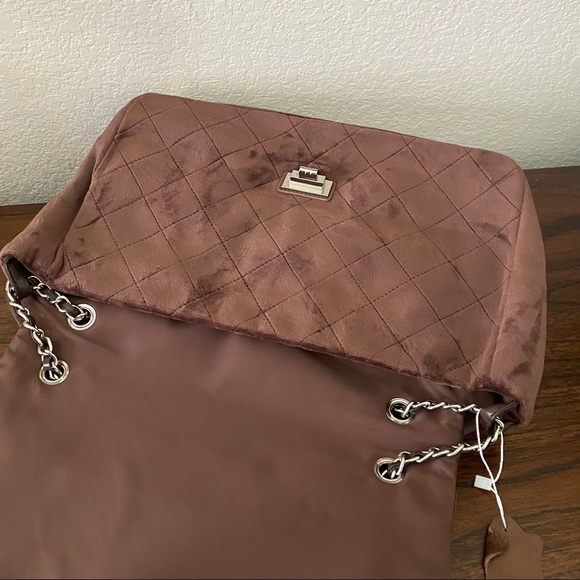 SALE | *FLAW Velour Brown Quilted Flap Chain Bag Convertible Velvet Crossbody - Picture 8 of 9